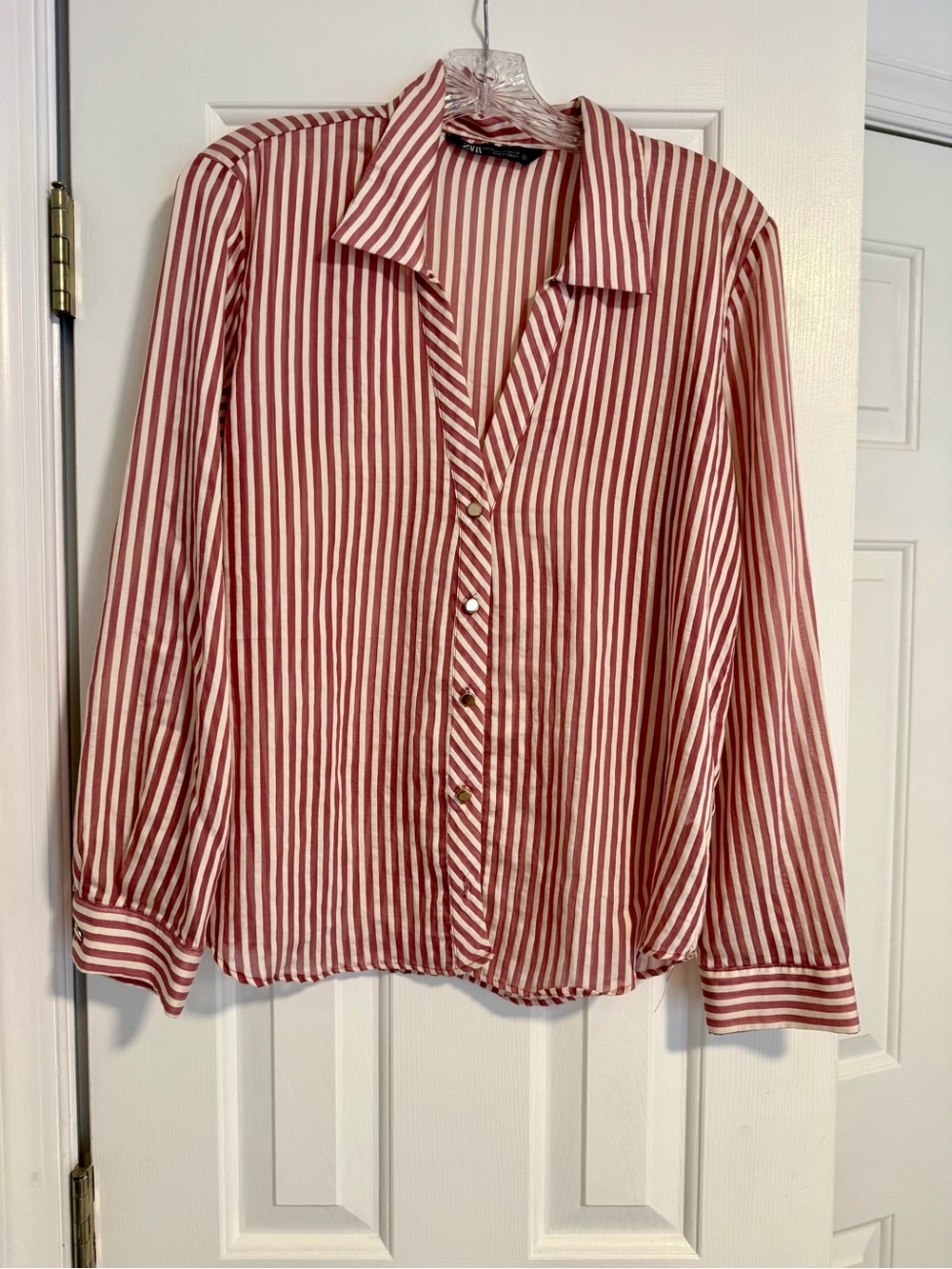 Zara Red and Cream Vertical Stripe Button-Up Blouse